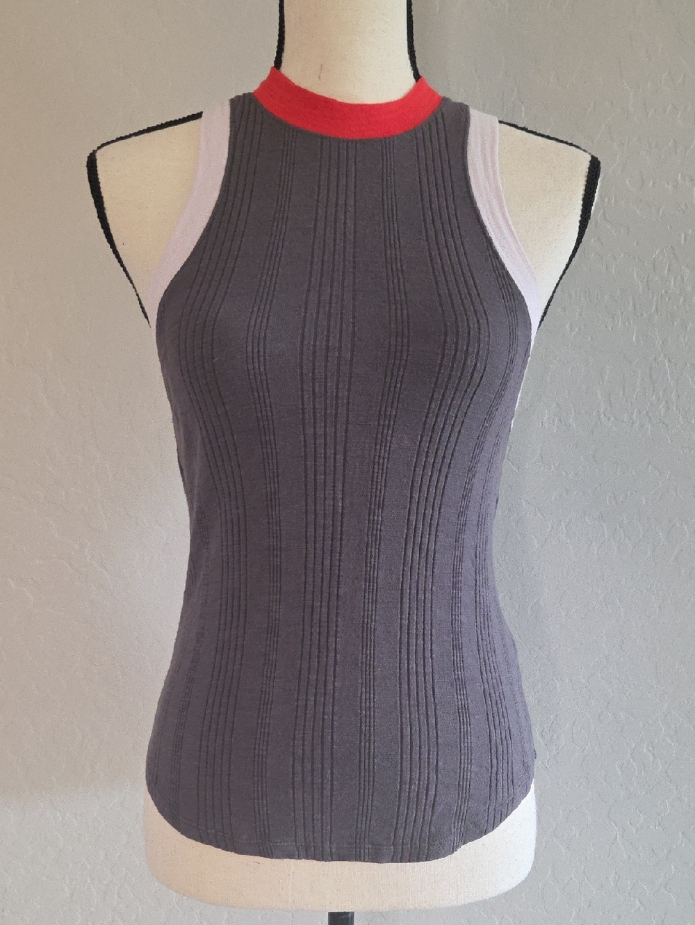 We The Free Ribbed Tank in Gray with Red Neckline & Lavender Panels Size XS NWOT